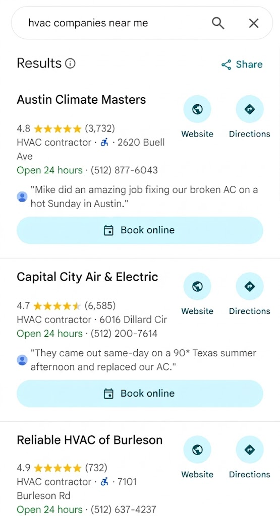 Google Maps HVAC search results